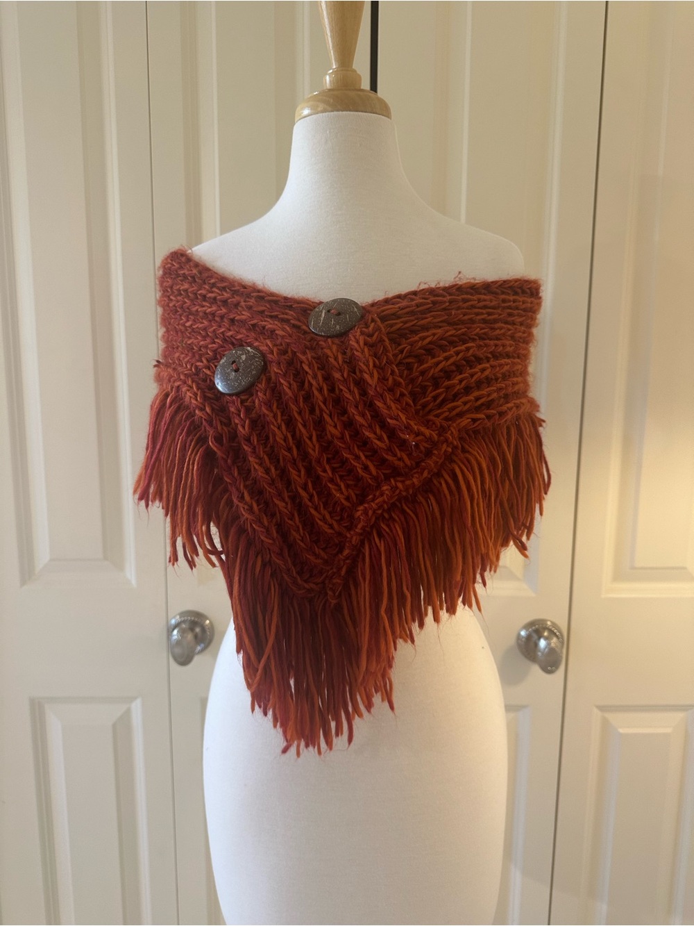 Rust Fringe Knit Buttoned Shawl Wrap - Women Accessories